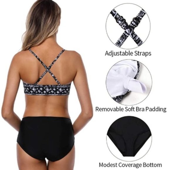 Women's Black Tribal High Neck Crop Bikini Top Mid Waist Bottom 2 Piece Bikini - Picture 3 of 7